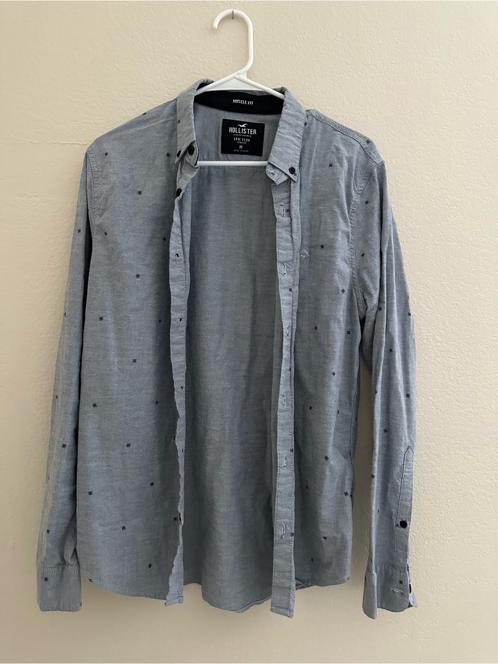Hollister Men’s Light Blue Long-Sleeve Button-Down Shirt with Micro Dot Pattern